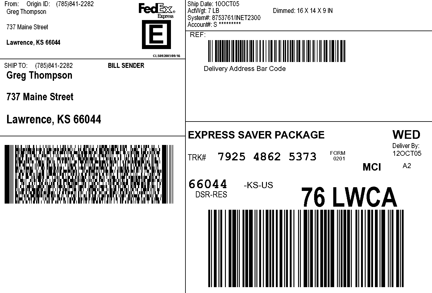 FedEx Ship Manager Label7925 4862 5384